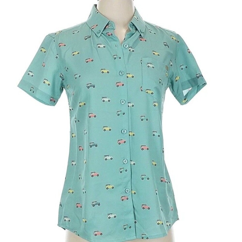 RSVLTS Womens XS Aloha Surf Board Cruiser Shirt Aqua Kunuflex Land Rover Retro